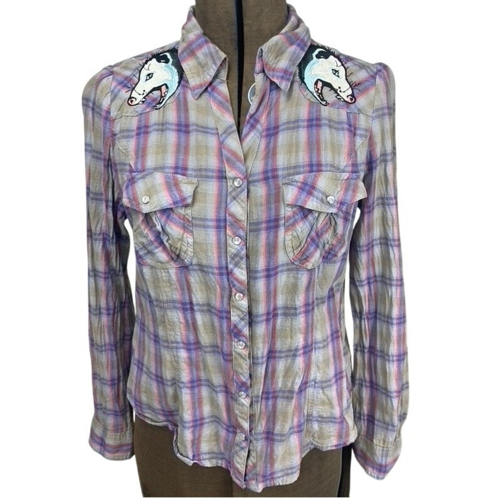 ELLIE MONSTER‎ Womens (S) Western Pearl Snap Shirt Embroidered Opossum Upcycled